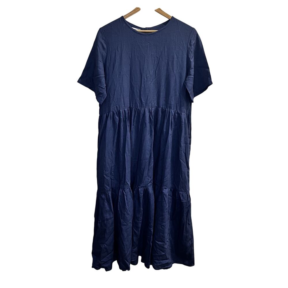 Simpson Dress Womens Large Linen Short Sleeve Tiered Button Back Pockets‎ Maxi